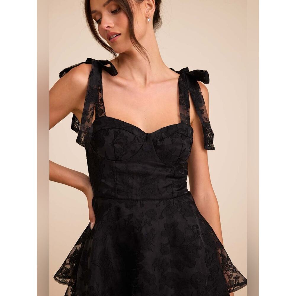 Lulus Glamorous Sweetie Black Burnout Tie-Strap Bustier Midi Dress - Read Info - Picture 2 of 6